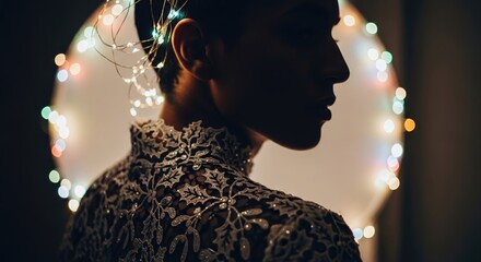 Silhouette of a person wearing a lace top with fairy lights in their hair against a circular bokeh background.