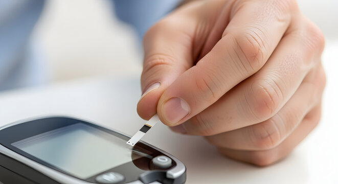 Hand Placing Blood Glucose Test Strip Into Digital Monitor for Diabetes Management at Home Healthcare