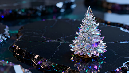 Christmas tree grown from crystal shards on a dark obsidian surface. Fantasy theme.