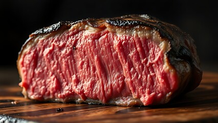 crosssection. Juicy steak with perfect grill marks, showcasing its rich texture against a dark rustic backdrop. menu design.