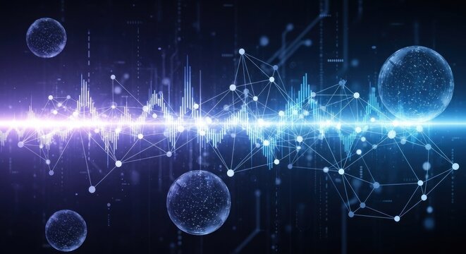 A digital waveforms and abstract shapes on a dark blue background - Powered by Adobe