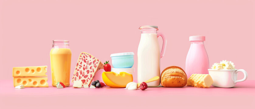 Bright products and dairy themes on a pink background are ideal as a backdrop for food blogs, supermarket advertisements, or articles on healthy eating.