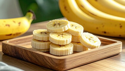 A close-up shot of sliced bananas on a wooden tray, with whole bananas blurred in the background, highlighting the fruit's texture and color.