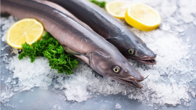 Fresh sterlet fish on ice with lemon slices and parsley. Generative AI
