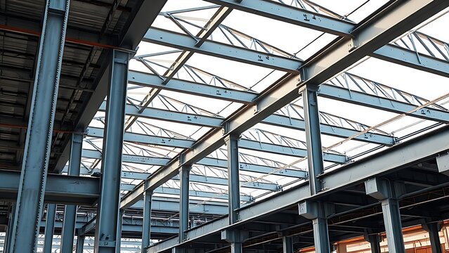 erection. Detailed view of industrial steel beams and columns at a construction site. safety posters, maintenance manuals, designed for precision metalworking and fabrication facilities.