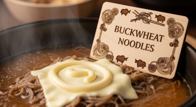 Puta &ndash; Bhutanese Buckwheat Noodles with Cheese Swirl, Juniper Wood Sign & Yak Silhouette Motifs, Traditional Comfort Lighting