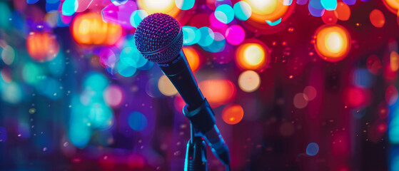 The microphone on stage, surrounded by bright bokeh lights, conveys the energy of a live performance, becoming an expressive backdrop for concert posters and music events.