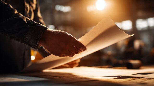 Engineer analyzing technical blueprint in sunlit industrial setting close-up view soft focus