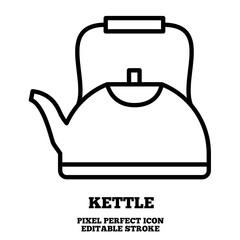 Kettle icon, editable stroke outline icon isolated on white background flat vector illustration, black outline, Pixel perfect