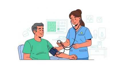 Healthcare Professional Monitoring Patient Blood Pressure in Clinic with Medical Equipment
