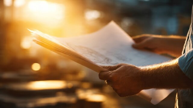 Engineer analyzing technical blueprint industrial workshop close-up photography soft focus creative concept