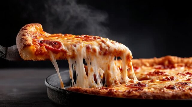 Close-up of a melting cheesy pizza slice lifted from a pan, gooey mozzarella stretching dramatically, steam rising softly