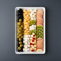 A visually appealing platter of assorted cheeses olives kiwi slices and apple slices arranged neatly