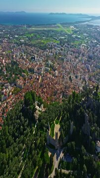  Aerial view of ancient streets and houses of the historic center of the city of Hyeres in the Var department on the azure coast
