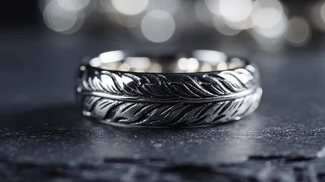 Close up of a silver ring with feather design on a dark surface with bokeh background