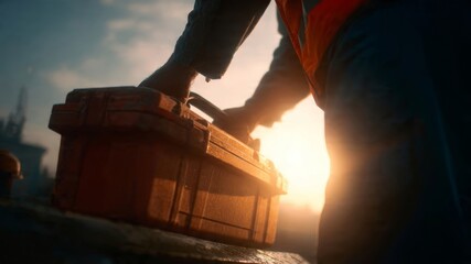Fototapeta premium Worker closing toolbox at sunset construction site cinematic scene warm light motion blur