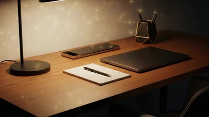 Minimalist workspace with lamp notebook laptop and pen on desk