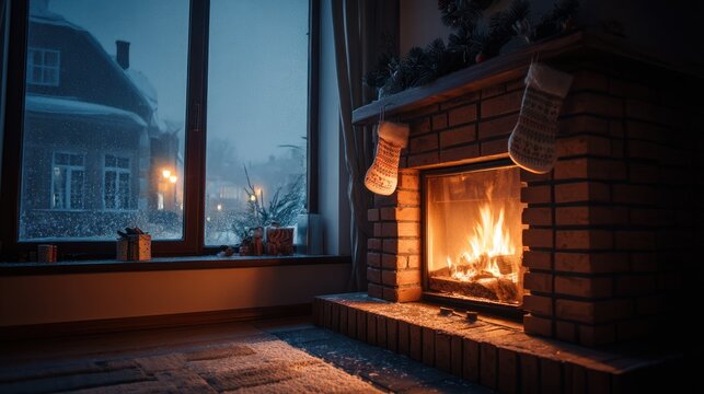 A cozy home on Christmas night, with a glowing fireplace, stockings hanging, and snow visible through the window.
