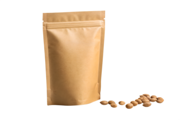 Blank brown kraft paper stand-up pouch with a secure zip lock, presented with almonds for healthy snack food packaging, isolated on a white background for a product mockup