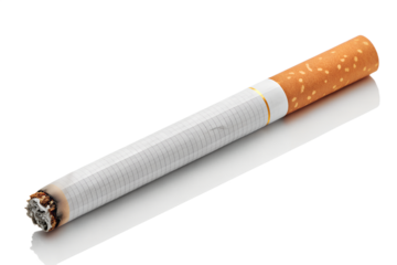 A single lit cigarette, actively burning with smoke emanating from its tip, resting on a reflective white surface, symbolizing the harmful habit of smoking and its associated health risks