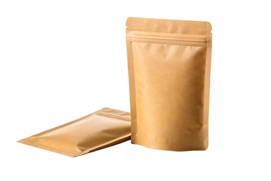 Sustainable blank kraft paper stand-up pouches, versatile eco-friendly packaging. Clean canvas for custom branding and minimalist product design on white