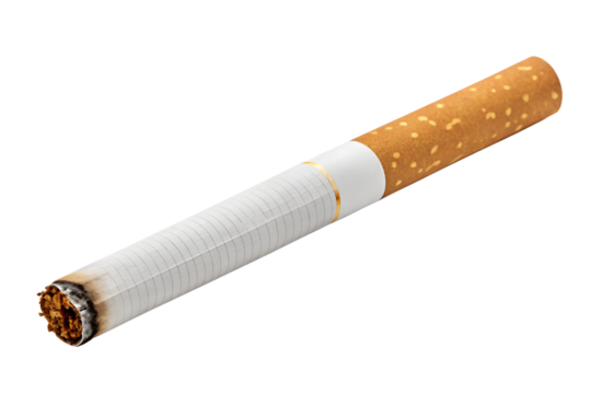 One smoldering tobacco cigarette with an orange filter, burning with embers and ash, isolated on a white background, a concept for addiction and unhealthy lifestyles