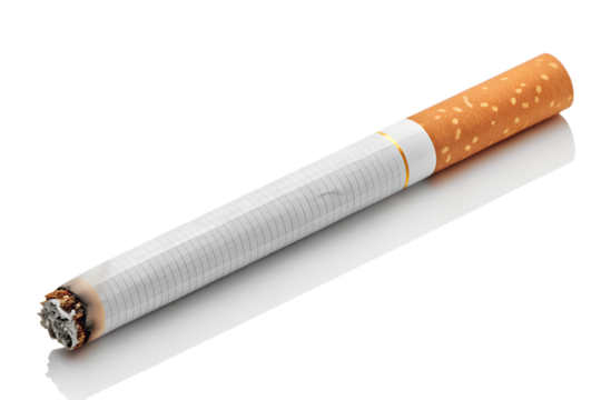 A single lit cigarette, actively burning with smoke emanating from its tip, resting on a reflective white surface, symbolizing the harmful habit of smoking and its associated health risks