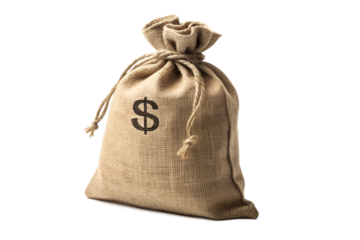 Burlap money bag with dollar sign, symbolizing wealth, savings, cash, finance, and abundance, isolated on a white background for commercial use