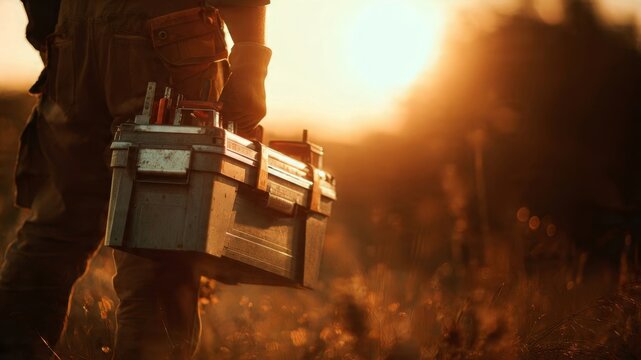 Worker closing toolbox at day's end outdoor setting motion blur warm sunlight cinematic closure