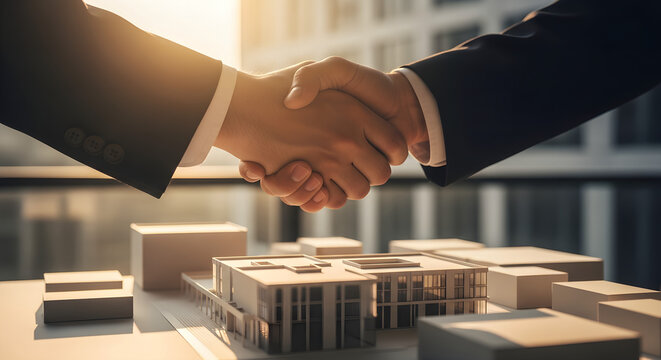 Two business partners celebrate above architectural model postachievement. Suitable for business presentations, success stories, collaboration concepts, teamwork illustrations.