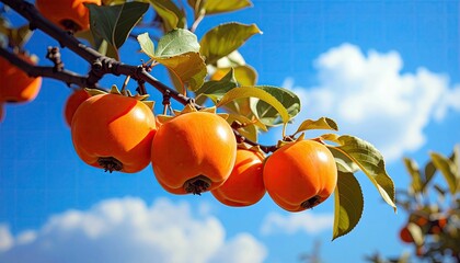 Ripe, orange persimmons are growing on a tree branch with green leaves, set against a clear blue sky with scattered white clouds.