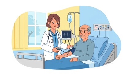 Doctor Nurse Caring Elderly Man in Hospital Bed in Bright Medical Room