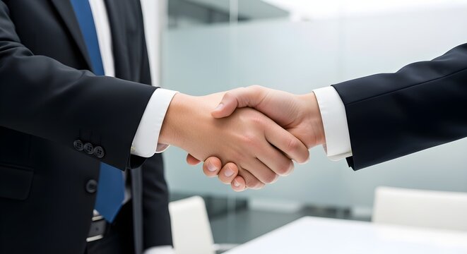 Business deal closing with handshake. Suitable for corporate presentations, websites, articles, and brochures related to business negotiations. - Powered by Adobe