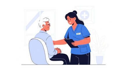 Healthcare Professional Caring for Elderly Man in Clinic Waiting Room