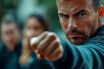 Generative AI image of focused person training for self defense courses through martial arts including boxing and karate