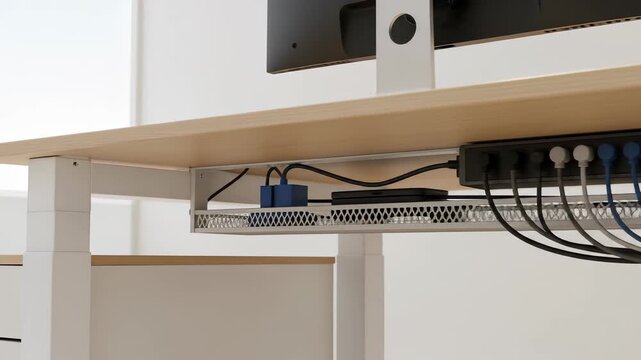 Ergonomic Height Adjustable Desk with Cable Management Tray and Clean Minimalist Aesthetic in Bright Studio