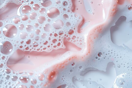 A close-up view showcases a smooth gel texture with numerous bubbles, creating a clean and light atmosphere. The pink undertone adds a gentle touch to the overall appearance