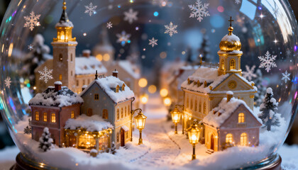 Magical snow globe city illuminated by tiny golden lanterns. Whimsical winter fantasy.