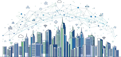 Smart city skyline with digital network and icons isolated on white background © Kinza