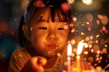 A joyful child blowing out birthday candles, surrounded by warm glowing light and colorful confetti, capturing the magic, excitement, and wonder of a celebration