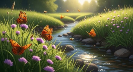 A serene river landscape with butterflies flying over purple flowers