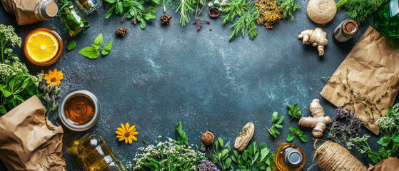 The variety of herbs, spices, roots, and infusions on a dark surface emphasises naturalness — an excellent backdrop for advertising healthy eating or culinary blogs.