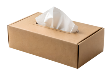 Brown cardboard tissue box with white tissues visible. A practical and essential item for home or office. Ready to use