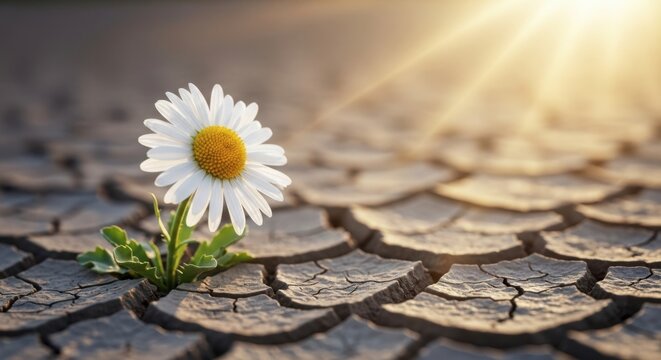 Daisy sprouting from cracked earth under sunlight, symbolizing resilience and hope - Powered by Adobe