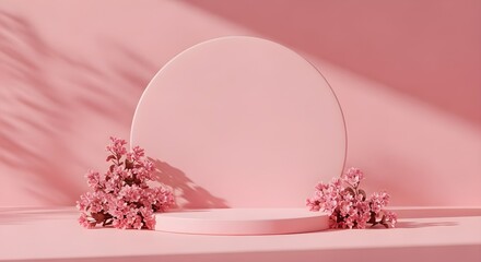 Pink podium with flowers under leafy shadow backdrop suitable for spring events, garden celebrations, feminine themes, or natural beauty concepts.