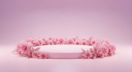 Pink platform stage surrounded by delicate flowers, perfect for event invitations, spring promotions. Ideal for advertising, event invitations, marketing materials, social media posts, web design.