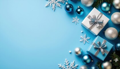 Fototapeta premium Festive gift arrangement with blue and silver accents for christmas celebratory atmosphere flat lay composition decorative elements holiday spirit