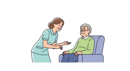 Nursing Assistant Talking to Elderly Man Sitting in Armchair in Healthcare Setting