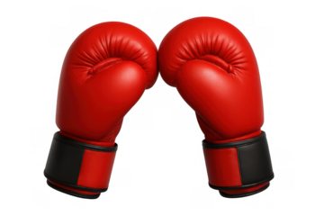 Pair of red boxing gloves clashing together, symbolizing sport, competition, challenge, and fighting spirit on transparent background