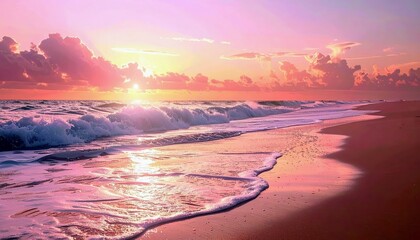 A beautiful sunrise paints the sky with vibrant pink and orange colors, casting a warm glow over the ocean waves gently lapping onto a sandy beach.